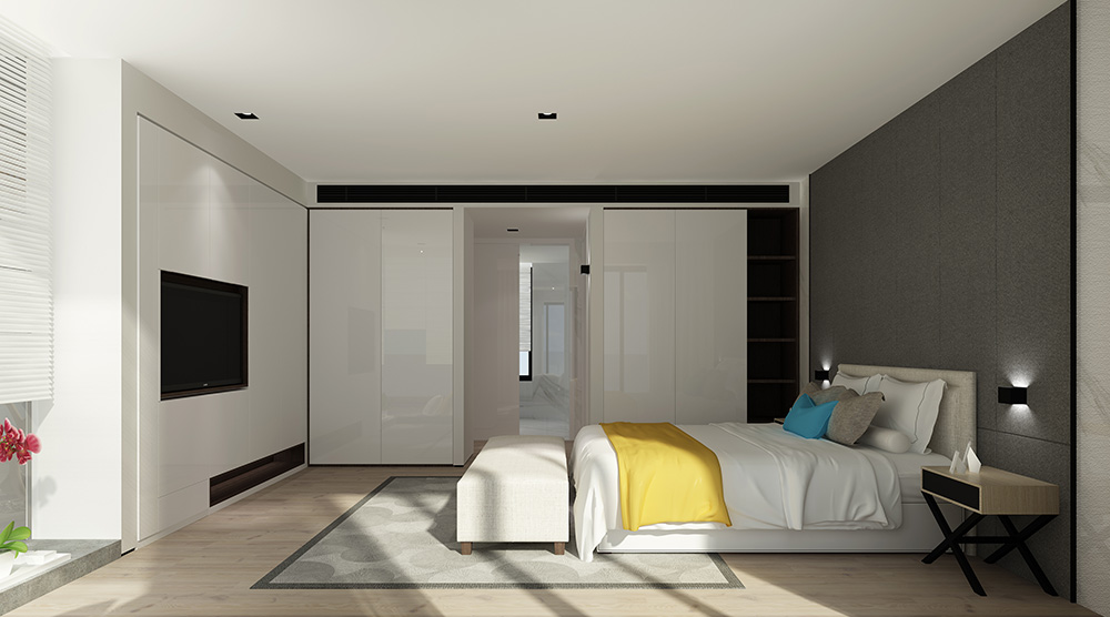 現(xiàn)代極簡風(fēng)格別墅裝修設(shè)計效果圖-迎江"逸"墅·碧桂園-別墅裝修設(shè)計二樓主臥室 現(xiàn)代極簡風(fēng)格別墅裝修設(shè)計效果圖-迎江"逸"墅·碧桂園-別墅裝修設(shè)計二樓主臥室